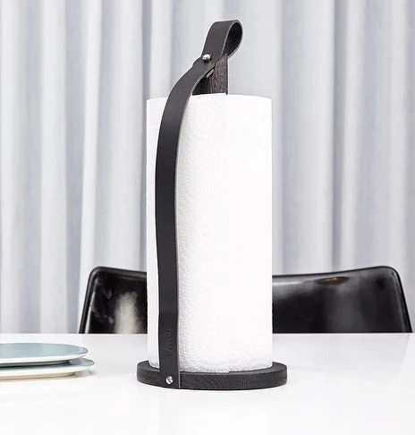 EKTA LIVING Hands On Paper Towel Holder Black Leather/Oak - Image 6
