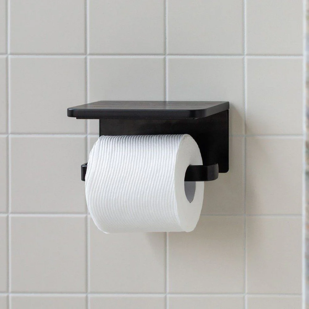 DESIGNSTUFF Toilet Roll Holder w/ Shelf Single, Black - Image 6