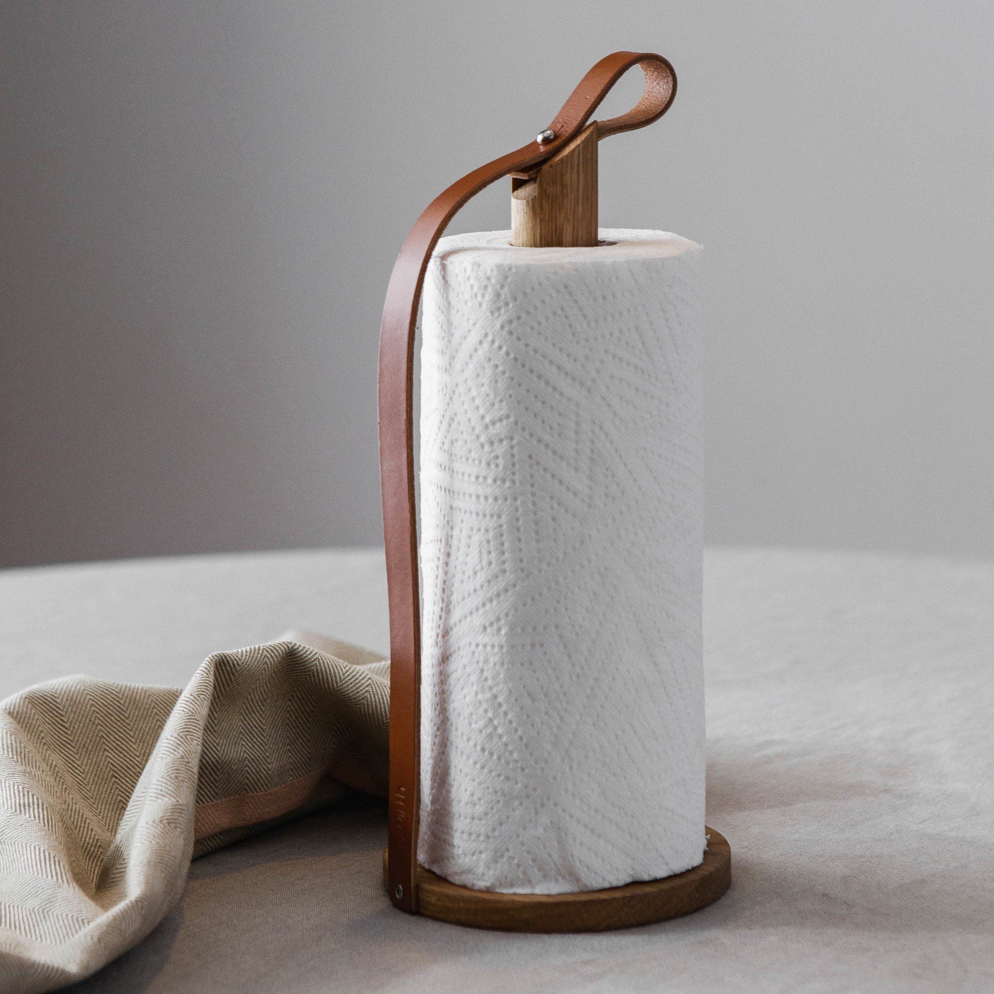 EKTA LIVING Hands On Paper Towel Holder, Oiled Oak/Leather - Image 4