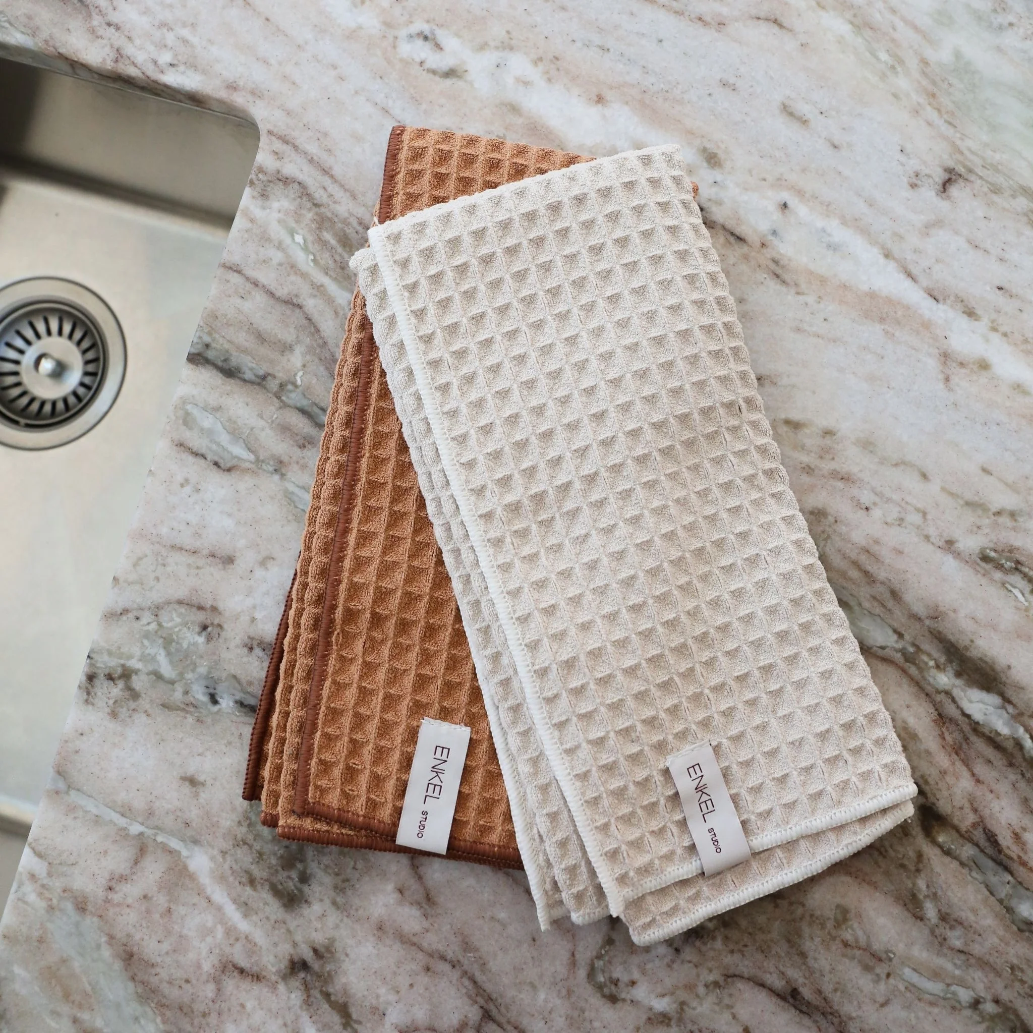 ENKEL STUDIO Dry Tea Towels, Waffle Microfibre, Sand/Caramel (Set of 2) - Image 4
