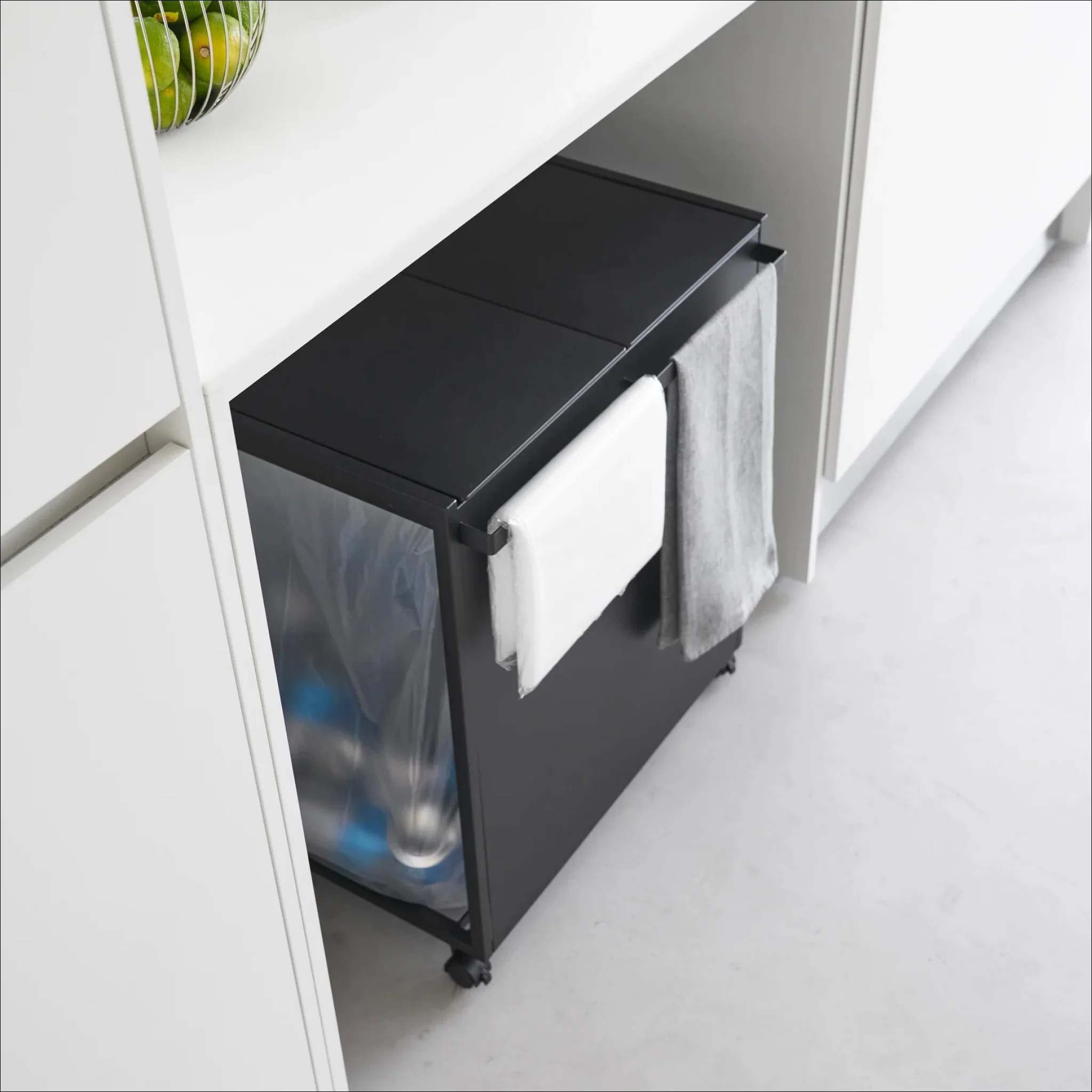 YAMAZAKI Tower 2 Compartment Rubbish/Recycling Bin w/Wheels, Black - Image 3