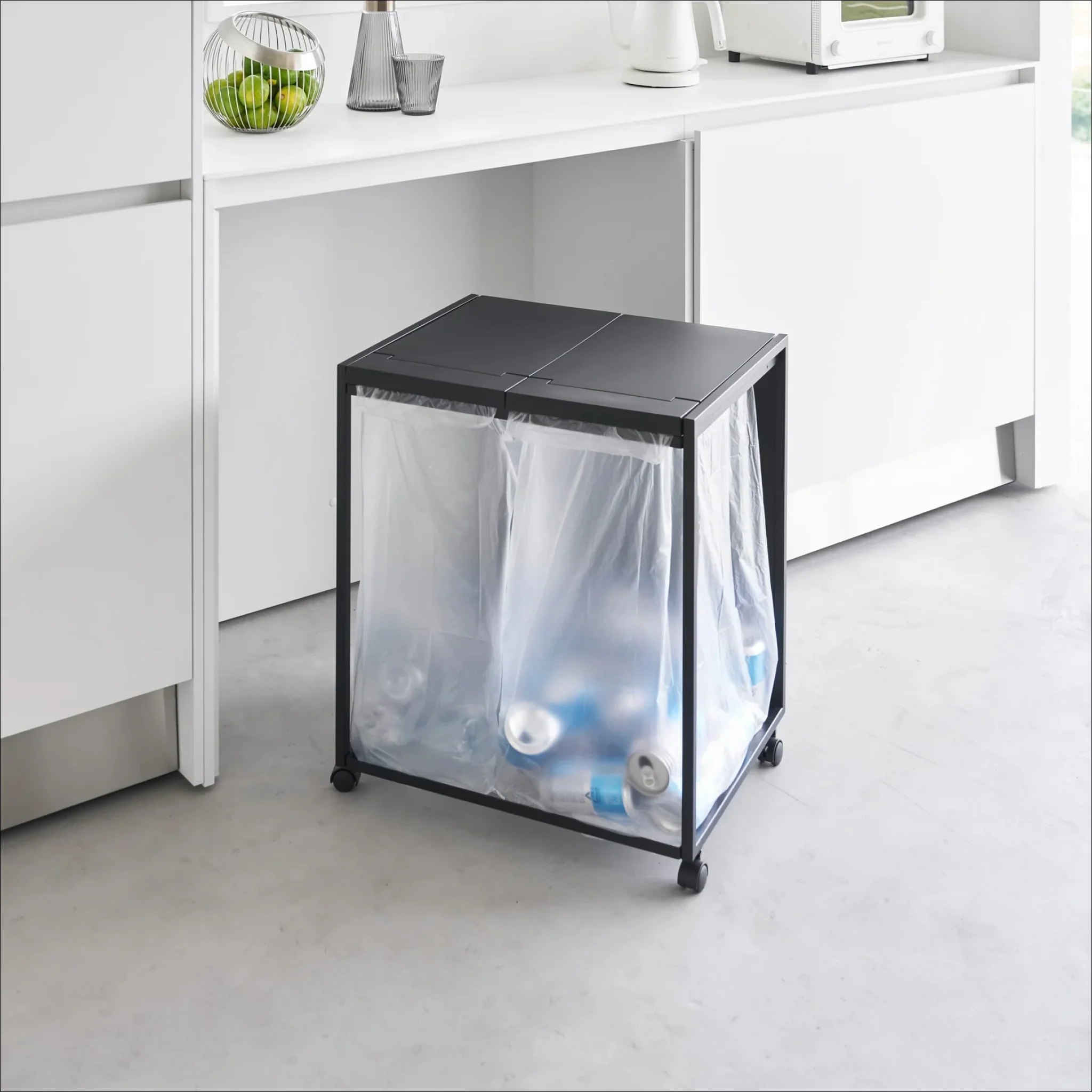 YAMAZAKI Tower 2 Compartment Rubbish/Recycling Bin w/Wheels, Black - Image 4